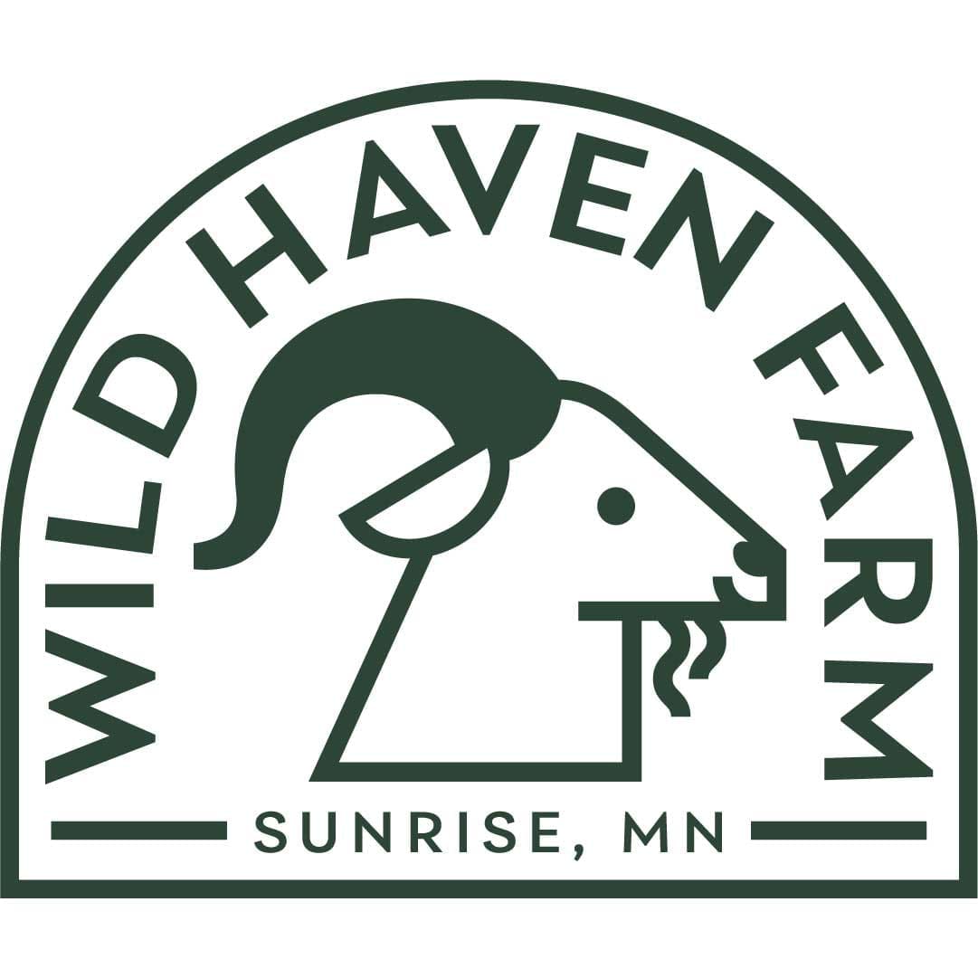 Logo of Wild Haven Farm. A stylized goat head in profile with the text Wild Haven Farm Sunrise MN